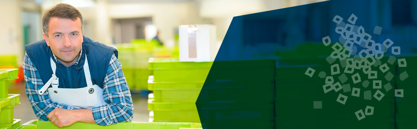 Kunststofftechnik Header: In einer Produktionshalle stützt sich ein Ausbilder mit blauem Overall und einer weißen Schürze mit den Armen auf einem Tisch ab und schaut in die Kamera. Hinter und neben ihm sind grüne Kunststoffboxen zu sehen.
